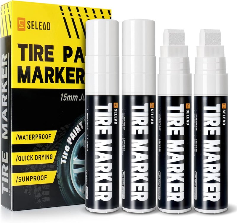 SELEAD Jumbo Tire Marker White - 4 Pack 15mm Wide Tip Paint Pens for Car Tires Lettering, Large Capacity Premium Ink Waterproof Permanent Markers - Image 1